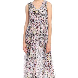 Ganni Pleated Georgette F3403 Multicolor Egret Floral Sleeveless V-neck Dress